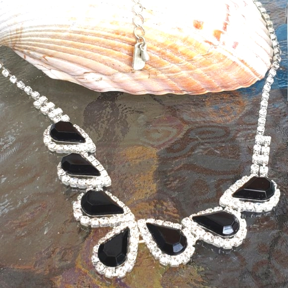 Fancy Set: Silver Black and Rhinestone Necklace & Earrings